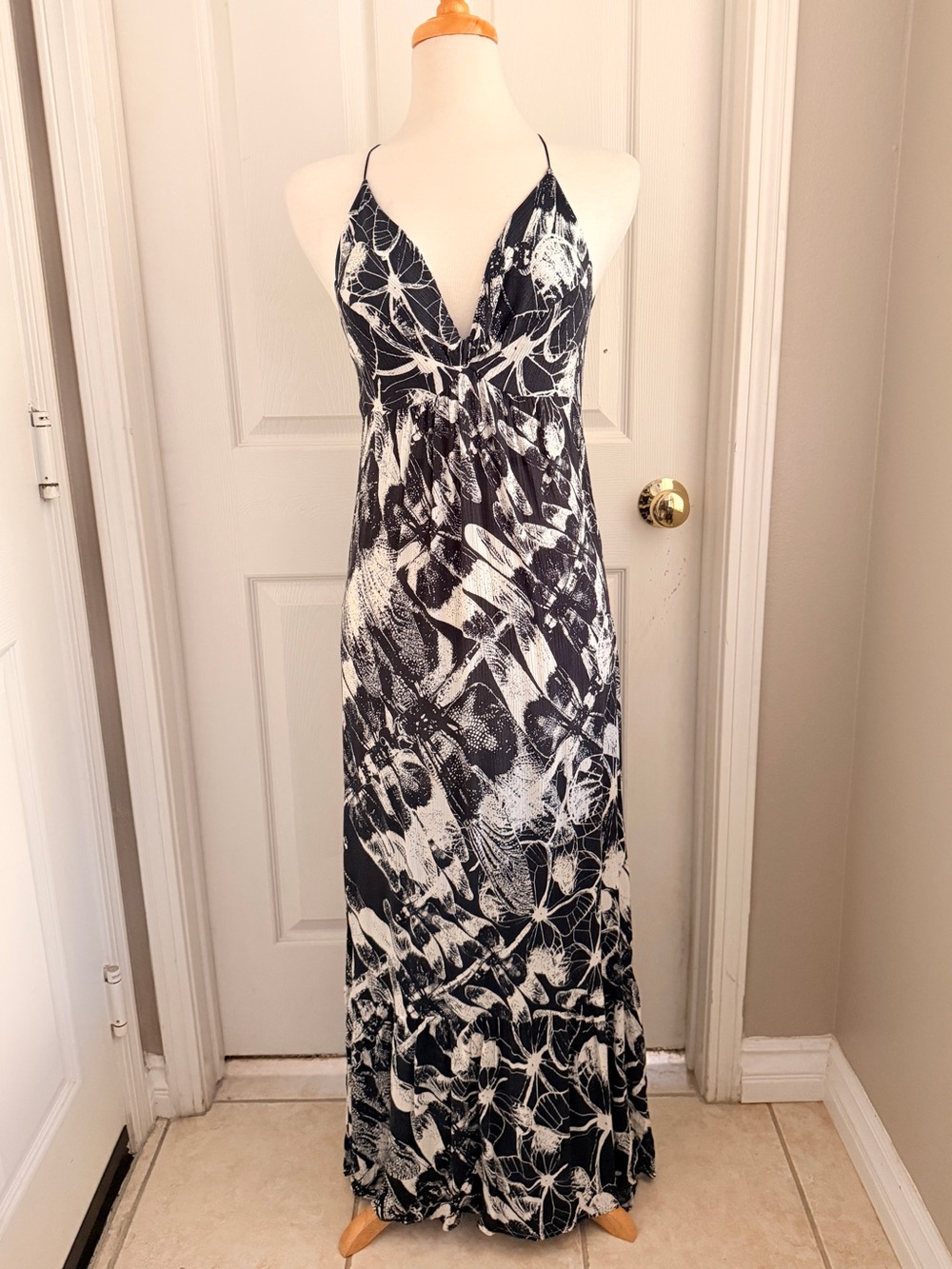 William B Black White Butterfly Print Maxi Dress Backless Halter Medium